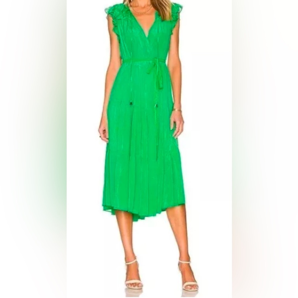Karina Grimaldi Sabrina Silk Green Ruffles Tiered V Neck Sleeveless Midi Dress S